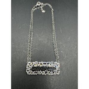 Vintage Good Works Amazing Grace Clear Rhinestone Pendant Silver Tone Necklace